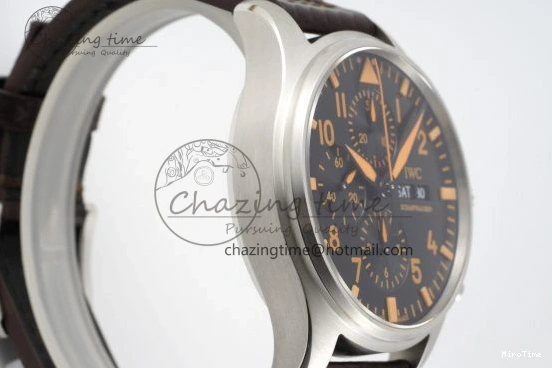 MIROTIME 0503 Pilot Chrono SS AZF 1:1 Best Edition Black Dial Orange Markers on Brown Leather Strap A EasyCare 7065
